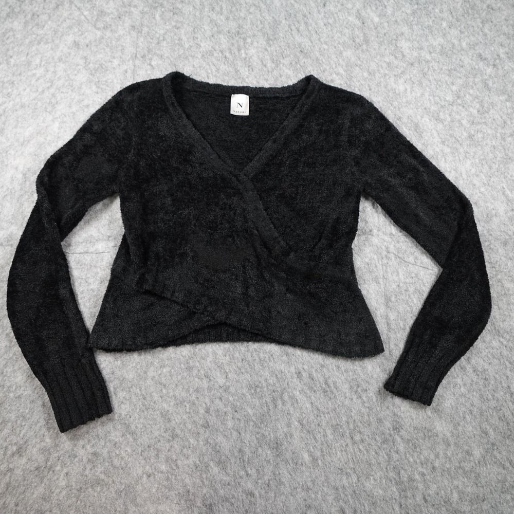 Natori Top Women Medium Black Fuzzy Knit VNeck Surplice Long Sleeve Cropped Soft